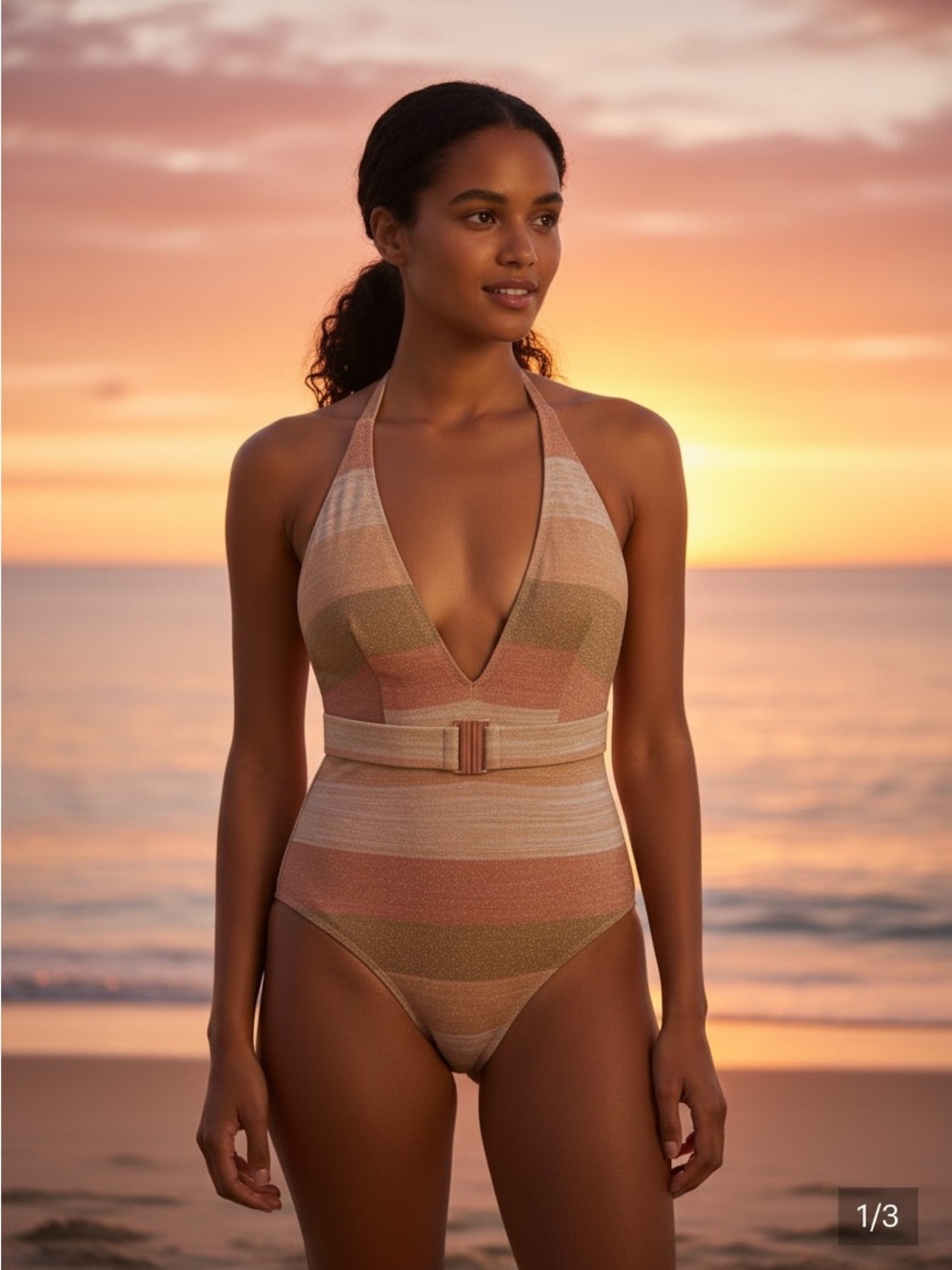 Wet Seal Striped Halter One-Piece Swimsuit in Peach, Gold, Beige